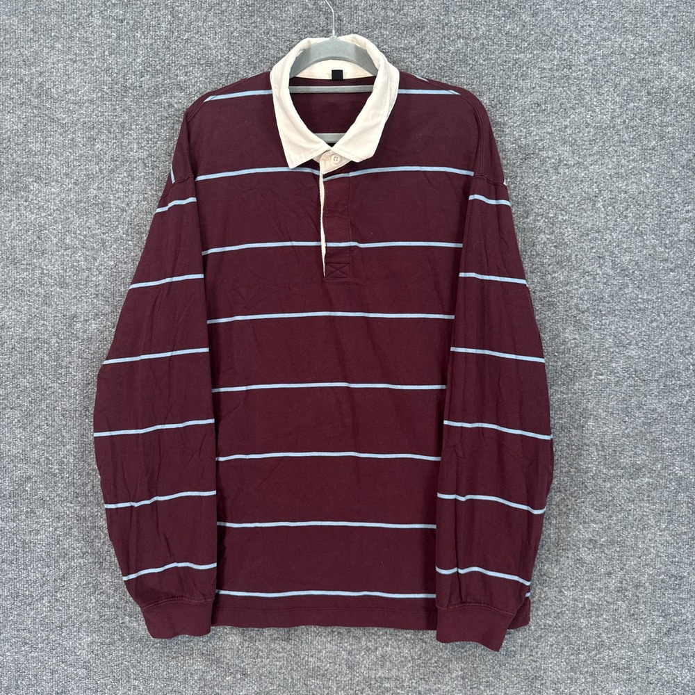 Uniqlo Rugby Shirt Mens XL Burgundy Striped Long Sleeve Contrast Collar Casual